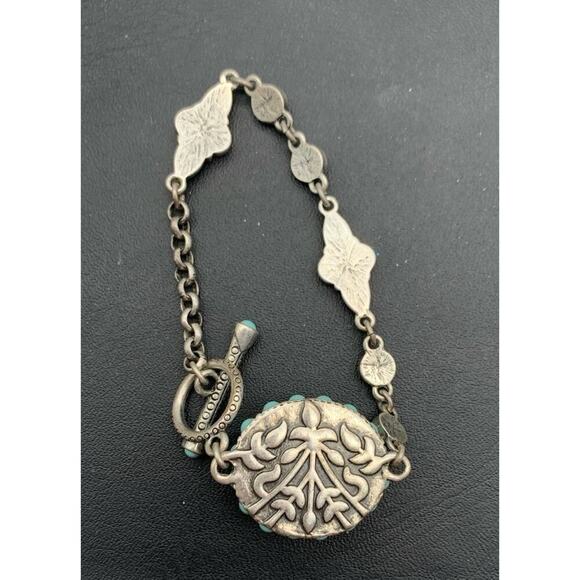 Faux Turquoise & Black Western Boho Etched Silver Tone Link Toggle Bracelet - Picture 3 of 4